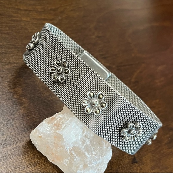 Vtg Designer Sterling Silver Mesh Woven Bracelet Marcasite Daisy Flower 6.5”